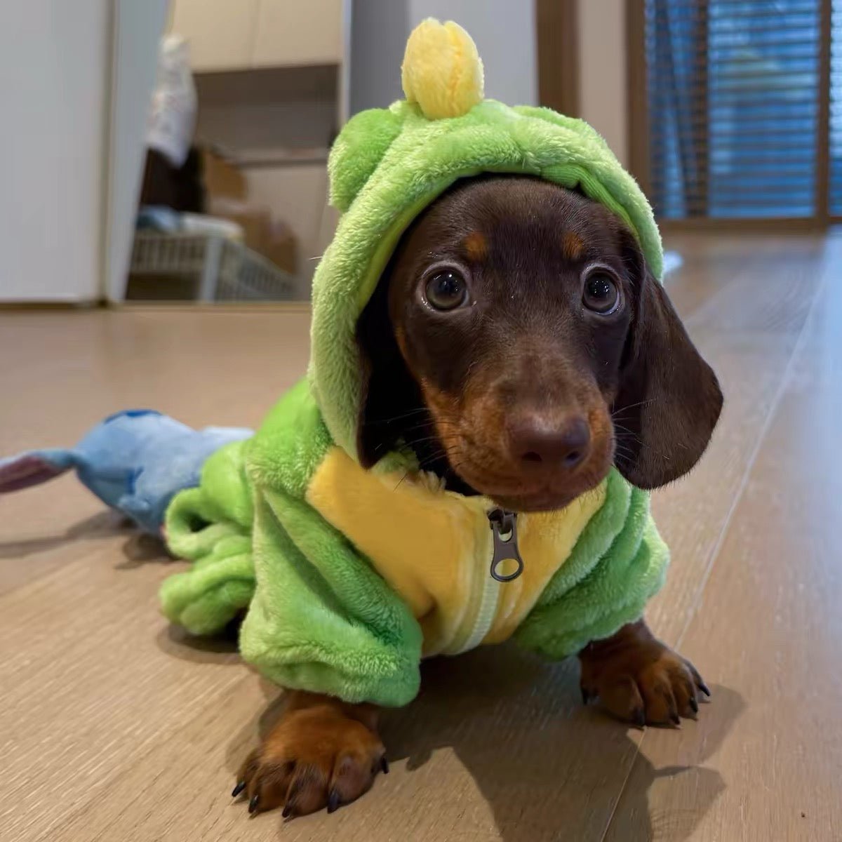 Cute Green Dinosaur Plush Dog Jumpsuit with Hood - Dapper Weenie Co