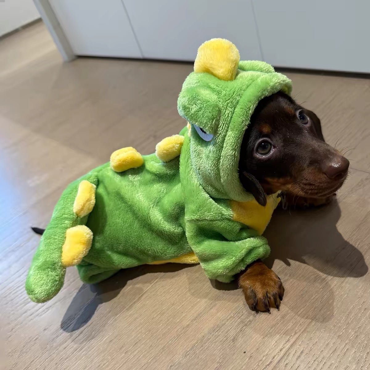 Cute Green Dinosaur Plush Dog Jumpsuit with Hood - Dapper Weenie Co