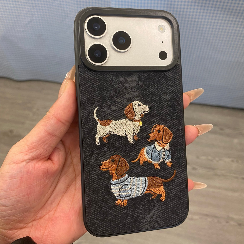 Premium Embroidered Dachshund Leather iPhone Case - Dapper Weenie Co