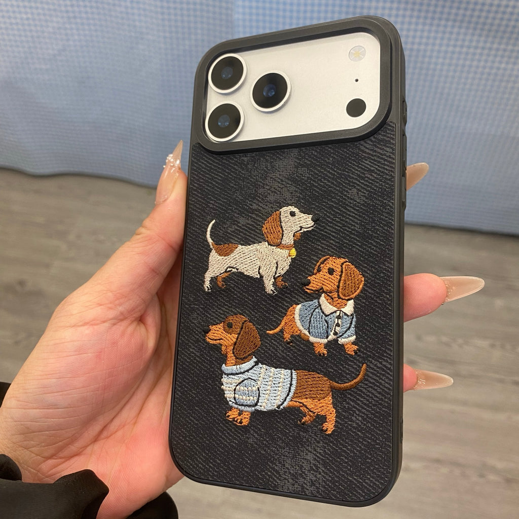 Premium Embroidered Dachshund Leather iPhone Case - Dapper Weenie Co