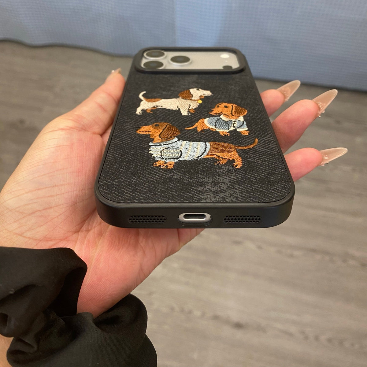 Premium Embroidered Dachshund Leather iPhone Case - Dapper Weenie Co