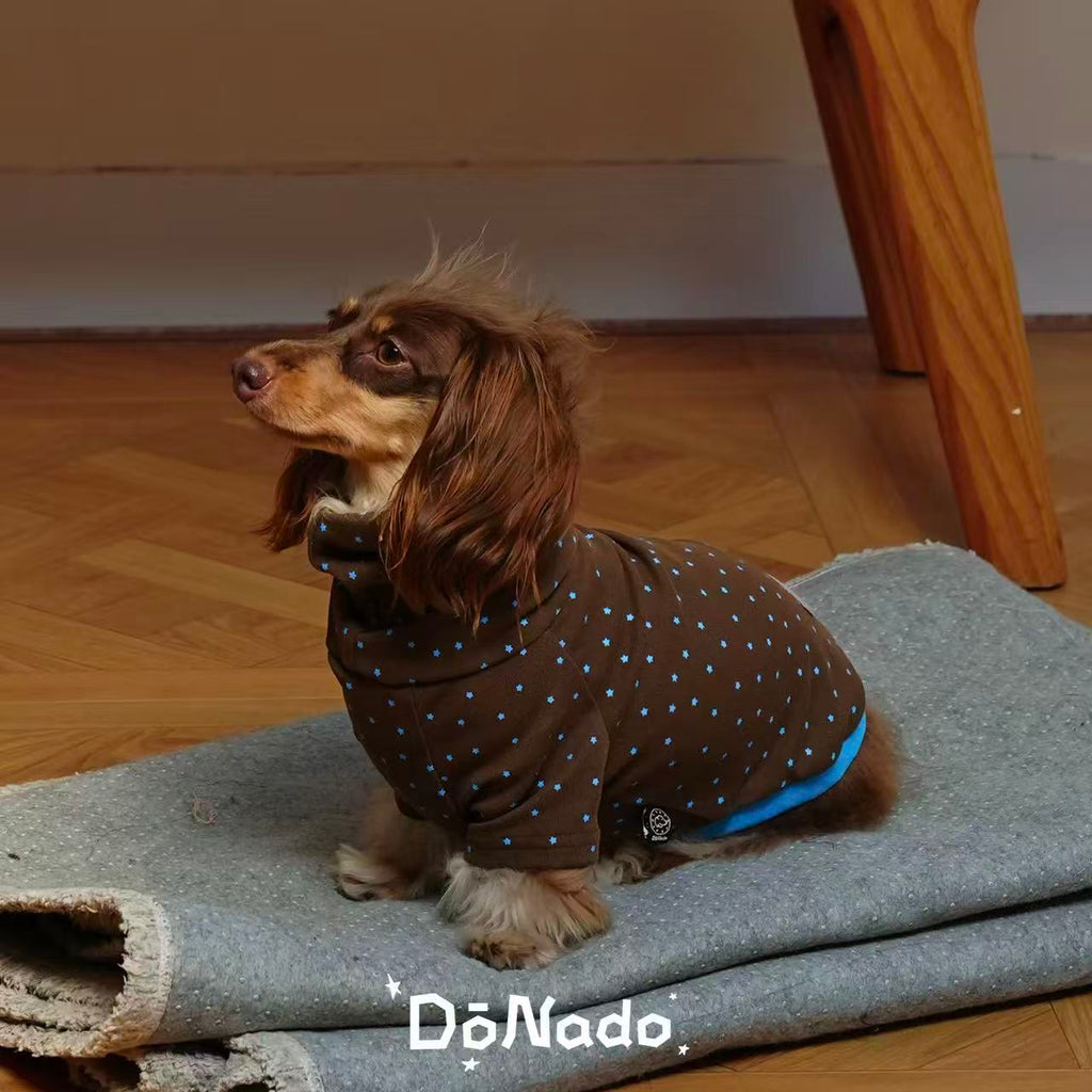 Retro Brown Star Print Dog Turtleneck Shirt with Blue Contrast Trim - Dapper Weenie Co